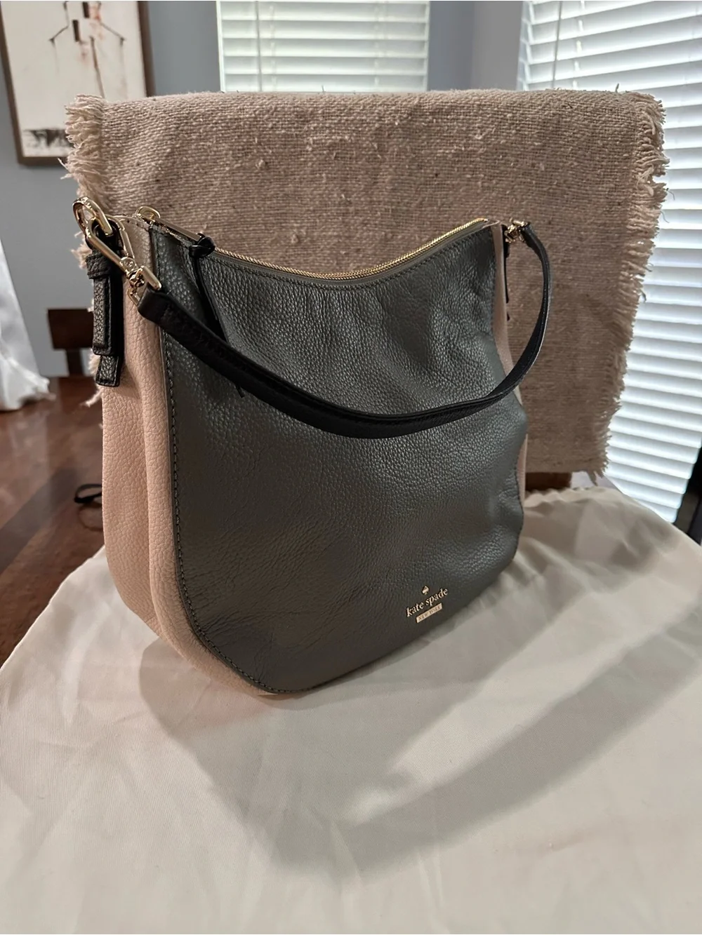 kate spade Gray and Blush Pebbled Leather Shoulder Bag with Black Strap